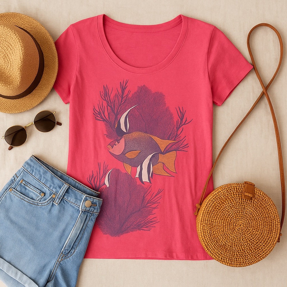 Vintage Y2K Guy Harvey Baby Tee Pink Angelfish Coral Graphic M